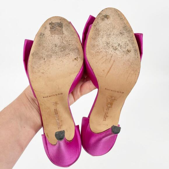 Manolo Blahnik Fuchsia Pink Silk Satin Bow Detail Peep Toe D'Orsay Pump IT 38 - Picture 13 of 14